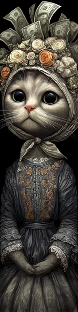 Cat bookmarks design of a cat in a dress with a hat made of money